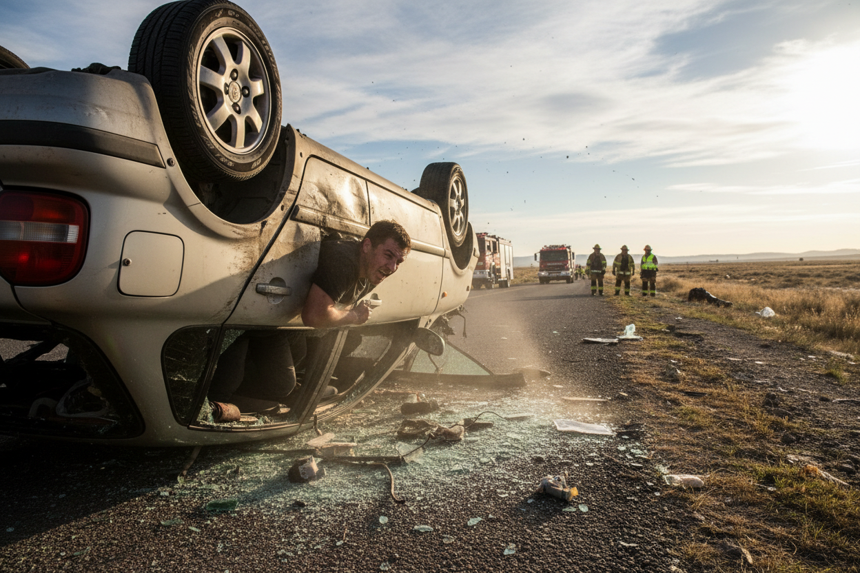 Persoană ieșind din mașină răsturnată - realistă